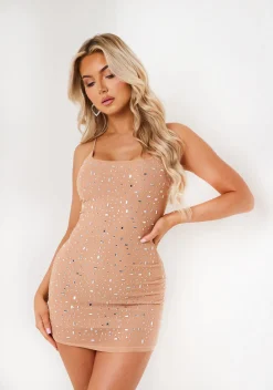 Abbie Nude Rhinestone Embellished Mini Dress
