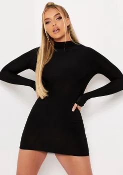 Ada Black High Neck Long Sleeve Mini Dress