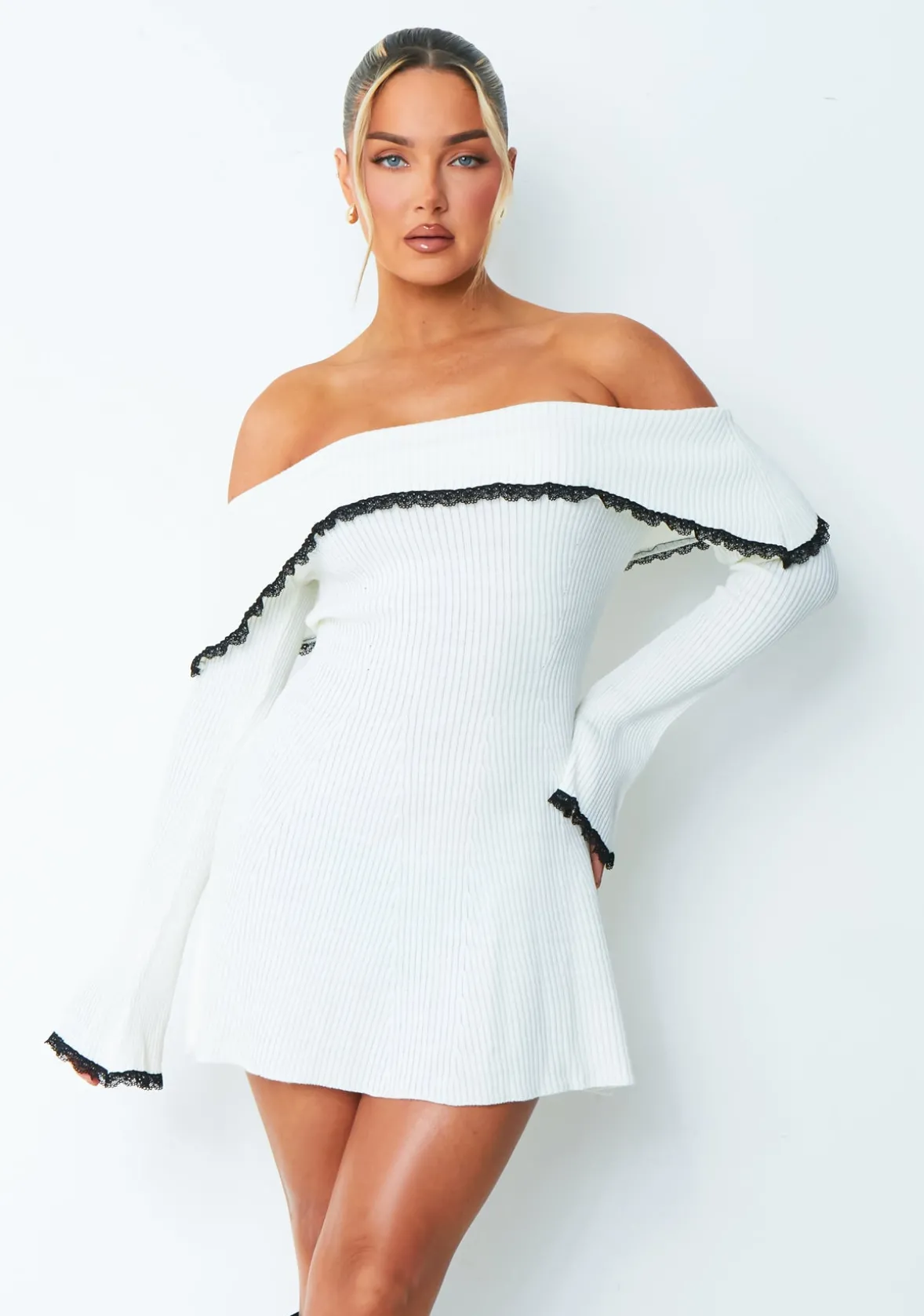 Ada White Lace Trim Fold Over Mini Dress