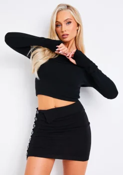 Adira Black Knitted Button Detail Mini Skirt