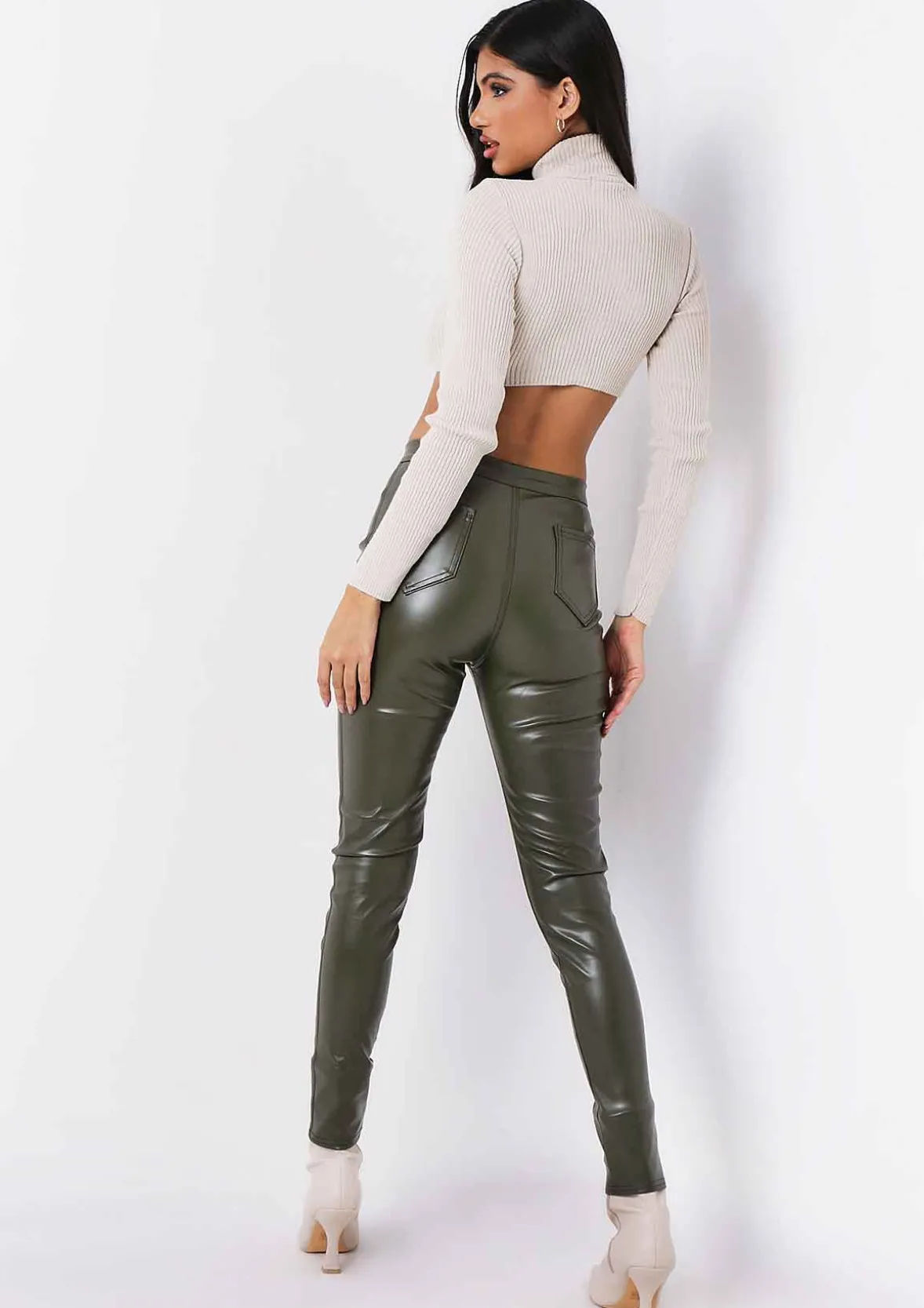 Agnese Beige Super Crop Roll Neck Knitted Jumper