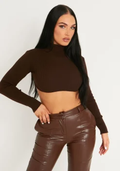 Agnese Chocolate Super Crop Roll Neck Knitted Jumper