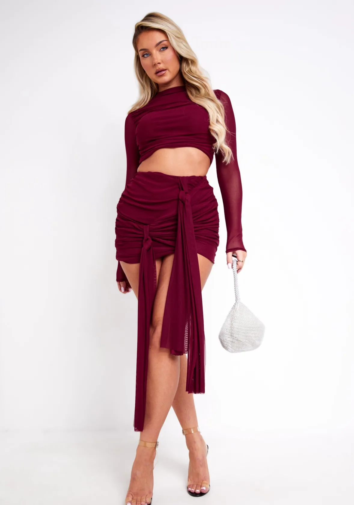 Alanna Burgundy Mesh Drape Detail Mini Skirt