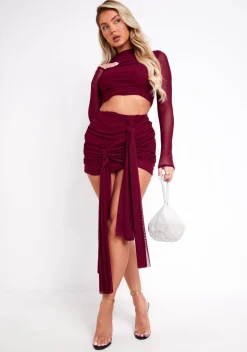 Alanna Burgundy Mesh Drape Detail Mini Skirt