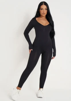 Amelia Black Seamless Long Sleeve Plunge Jumpsuit