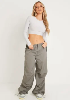Amida Grey Long Sleeve Crew Neck Smooth Crop Top