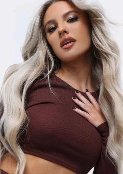 Anila Chocolate Long Sleeve Thick Bandage Rib Crop Top
