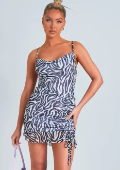 Anvika Zebra Print Cowl Neck Ruched Side Mini Dress