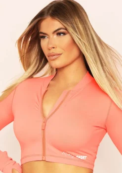Aria Peach Missy Sport Zip Through Cropped Gym Jacket