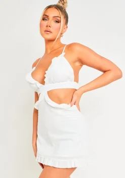 Asha White Linen Frill Cut Out Smock Dress