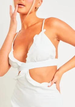 Asha White Linen Frill Cut Out Smock Dress