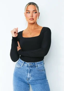 Bailey Black Square Neck Long Sleeve Slinky Bodysuit