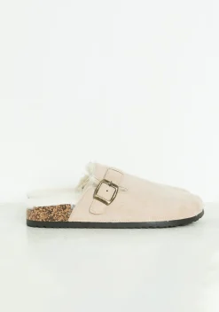 Becky Beige Faux Fur Lined Buckle Sliders