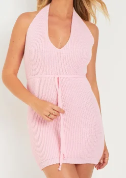 Billie Pink Knitted Halter Neck Mini Dress