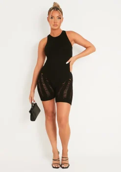 Black Jazmyn Racer Knit Laddered Unitard