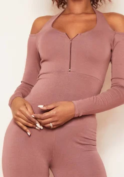 Bonnie Mocha Halterneck Cut Out Long Sleeve Zip Up Jumpsuit