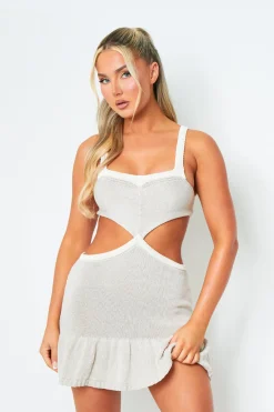 Brogan Beige Waist Cut Out Ruffle Mini Dress