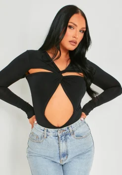 Bronte Black Cut Out Asymmetric Long Sleeve Bodysuit