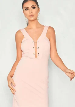 Caressa Pink Plunge Pearl Bar Bodycon Dress