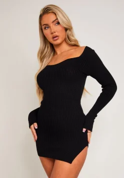 Carrie Black Knit Sweetheart Neckline Mini Dress
