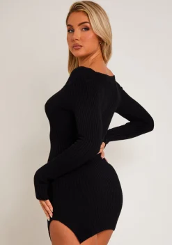 Carrie Black Knit Sweetheart Neckline Mini Dress
