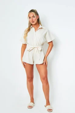 Charley Beige Tie Waist Plunge V Neck Playsuit