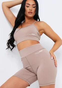 Eleanor Mocha Missy Sport Strappy Crop Gym Top