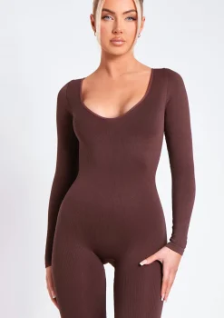 Eli Chocolate Plunge Ribbed Seamless Long Sleeve Jumpsuit