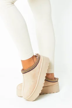 Emily Beige Platform Faux Fur Lined Slip On Boots