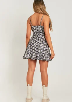 Haila Black Ditsy Floral Wrap Mini Frill Dress