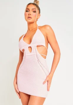 Harley Baby Pink Crochet Knit Halterneck Backless Mini Dress