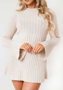 Harper Beige Rib Knit Flare Mini Dress