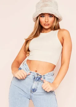 Holly Beige Ribbed Racer Crop Top