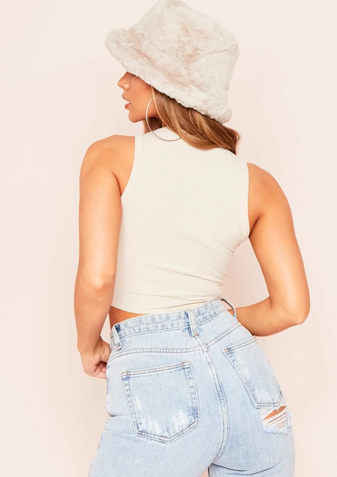 Holly Beige Ribbed Racer Crop Top
