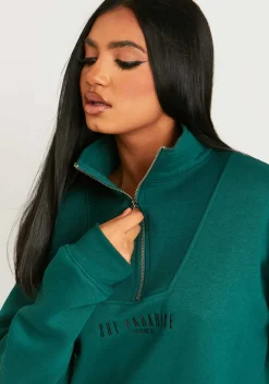Jamilla Dark Green Ski Paradise Embroidered Half Zip Sweater Dress