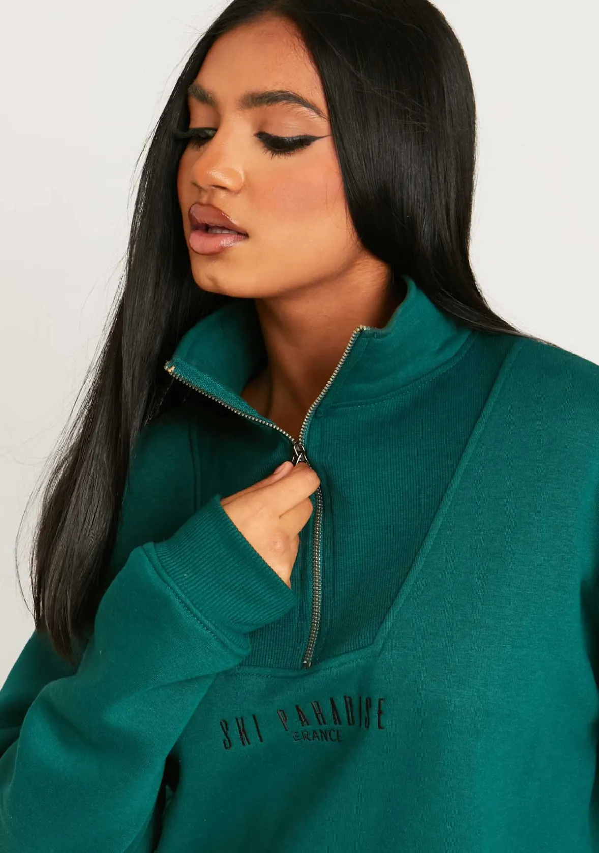 Jamilla Dark Green Ski Paradise Embroidered Half Zip Sweater Dress