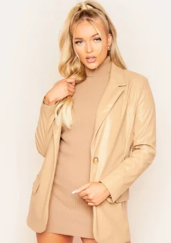 Jess Beige Faux Leather Oversized Blazer