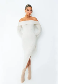 Jessy Beige Fold Over Side Ruched Midi Dress