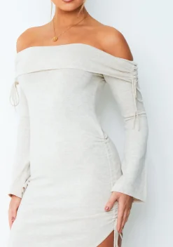 Jessy Beige Fold Over Side Ruched Midi Dress