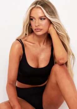 Kara Black Seamless Ribbed Scoop Neck Double Strap Crop Top