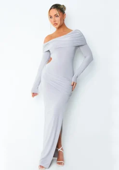 Kate Grey Off The Shoulder Fold Over Cut Out Maxi Dress