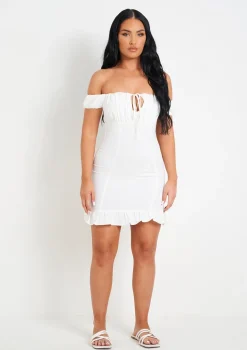 Khalani White Woven Frill Hem Mini Dress