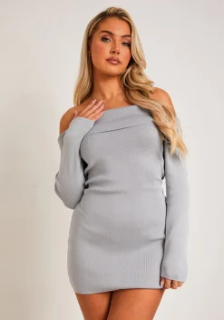 Kiara Grey Long Sleeve Off The Shoulder Knitted Dress