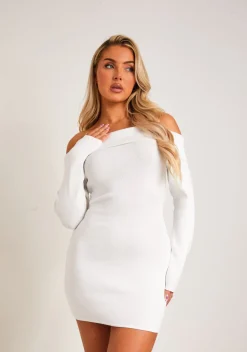 Kiara White Long Sleeve Off The Shoulder Knitted Dress