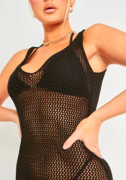 Lana Black Crochet Side Split Maxi Dress