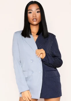 Larna Navy Pinstripe Spliced Double Breasted Longline Blazer