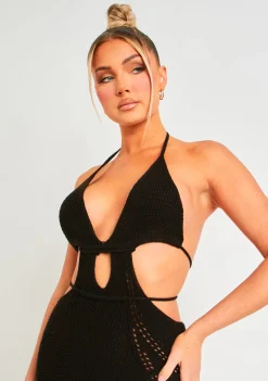 Madison Black Crochet Knit Halterneck Backless Maxi Dress