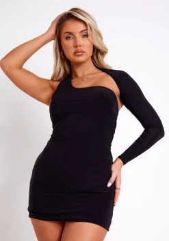 Mallory Black One Sleeve Slinky Mini Dress