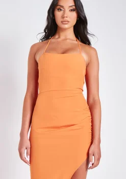 Millie Orange Halter Neck Slit Midi Dress