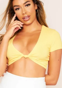 Paris Lemon Yellow Ribbed Knot Front Cap Sleeve Crop Top